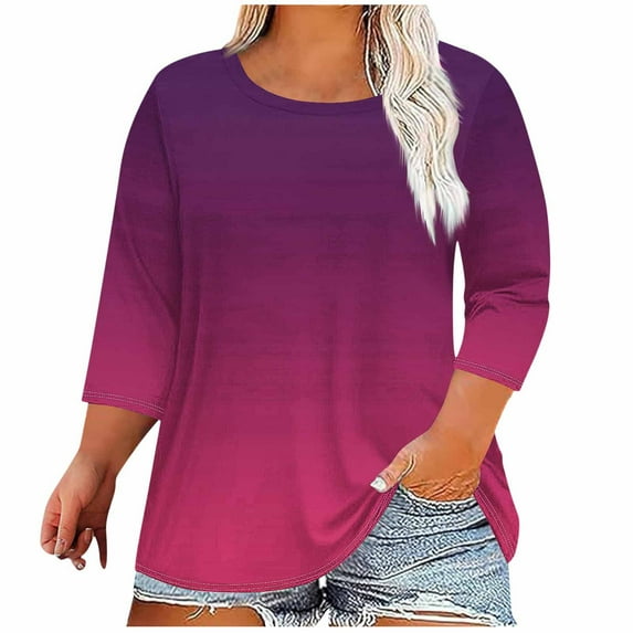 aidice Plus Size Tops for Women Casual Round Neck 3/4 Sleeve Shirts Comfy Loose Gradient Color Tee Shirts