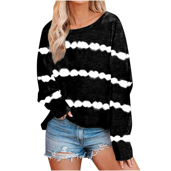 aidice Plus Size Tops for Women Casual Round Neck Long Sleeve Striped Shirts Loose Comfy Blouses Tops