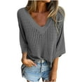 thumbnail image 1 of aidice Plus Size Tops for Women Casual V Neck 3/4 Sleeve Knit Hollow out Comfy Solid Color Shirts, 1 of 8