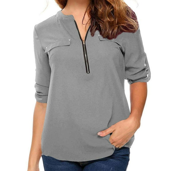 aidice Plus Size Tops for Women Notched V Neck Quarter Zip Long Sleeve Loose High Low Hem Casual Fall Shirts