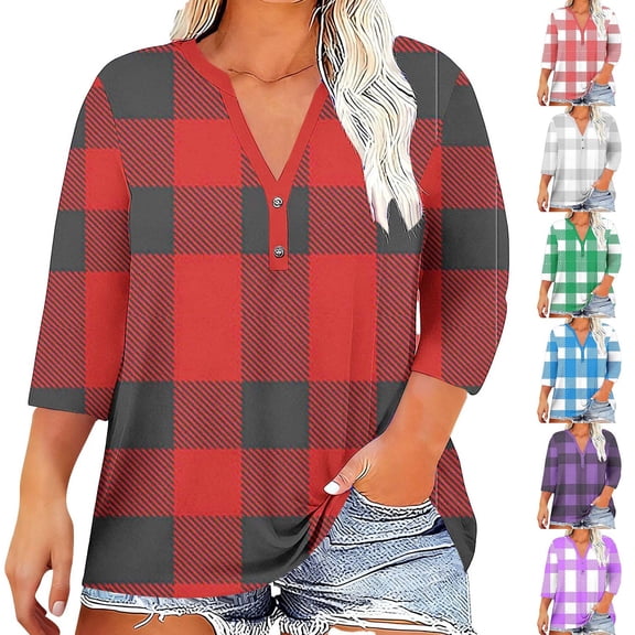 aidice Plus Size Tops for Women Plaid 3/4 Sleeve Button Notch V Neck Casual Loose Tunic Top Tees Shirt Blouse