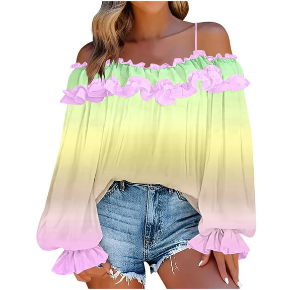 aidice Plus Size Tops for Women Trendy off Shoulder Spaghetti Strap Puff Sleeve Ruffle Multi Color Shirts