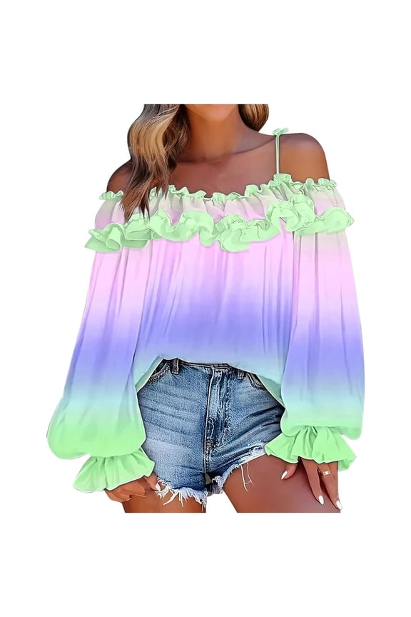 Plus Size Tops for Women Trendy off Shoulder Spaghetti Strap Puff Sleeve Ruffle Multi Color Shirts