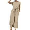 thumbnail image 1 of aidice Plus Size Womens Jumpsuits Cotton Linen Round Neck Short Sleeve Lightweight Belt Elastic Waisted Rompers, 1 of 9