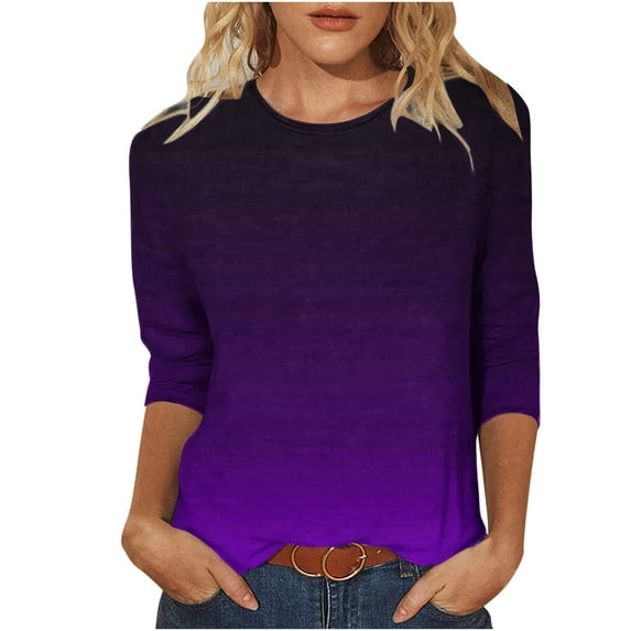aidice Plus Size Womens T Shirts Casual Crewneck 3/4 Sleeve Tops Comfy Fitting Gradient Color Shirts