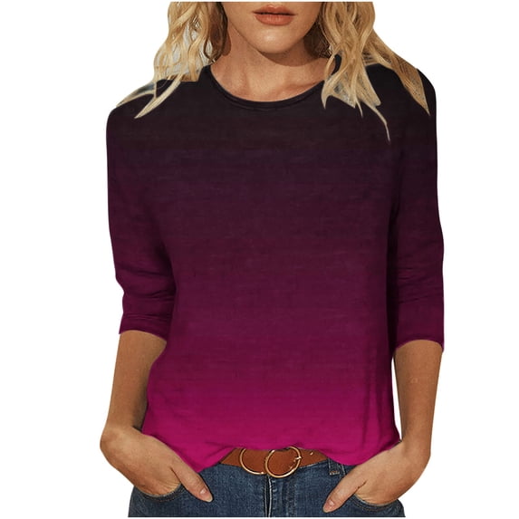 aidice Plus Size Womens T Shirts Casual Crewneck 3/4 Sleeve Tops Comfy Fitting Gradient Color Shirts