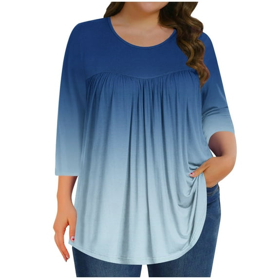 aidice Plus Size Womens Tops Round Neck 3/4 Sleeve Ruched Comfy Loose Loungewear Gradient Color Shirts