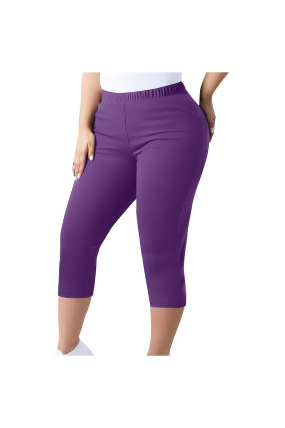 Plus Size Yoga Pants for Women Capris Elastic Waisted Solid Color Athletic Cropped Workout Leggings