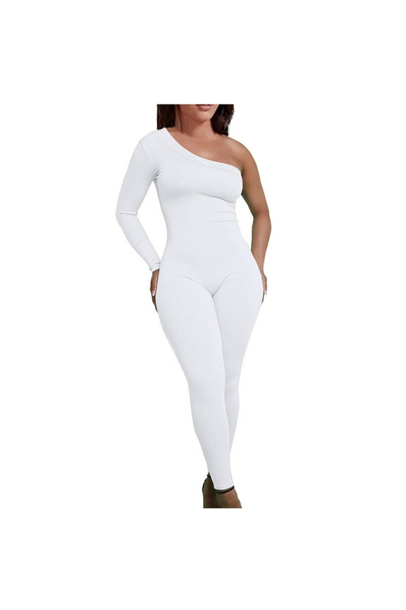Ribbed Bodysuits for Women Yoga off Shoulder Long Sleeve Skinny Athletic Workout Jumpsuits