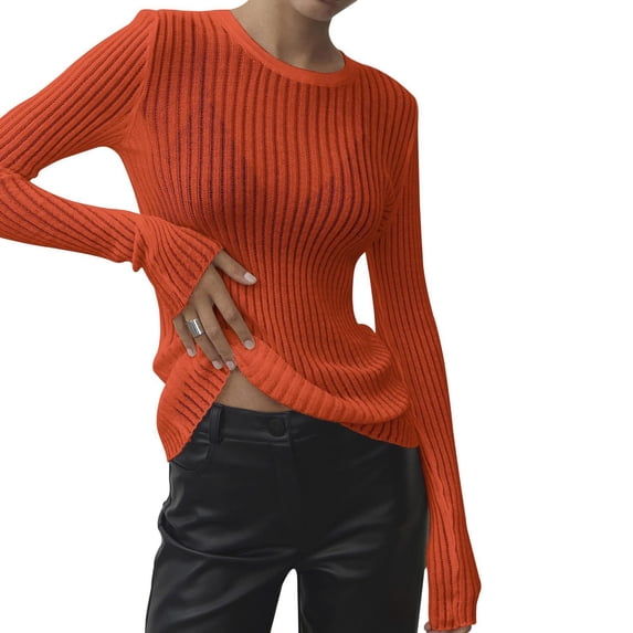aidice Ribbed Shirts for Women Round Neck Sleeve Slim Fitted Blouses Knit Thin Casual Comfy Going out Tops