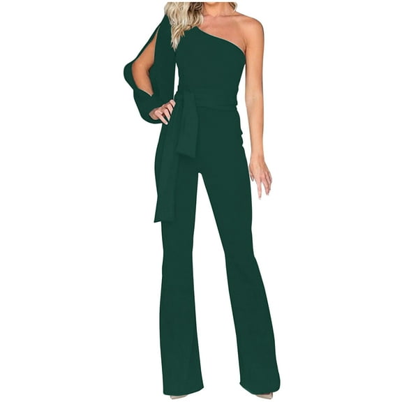 aidice Rompers for Women Dressy off Shoulder Belt Slim Fitting Long Sleeve Comfy Flare Pants Jumpsuits