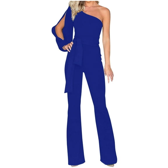 aidice Rompers for Women Dressy off Shoulder Belt Slim Fitting Long Sleeve Comfy Flare Pants Jumpsuits