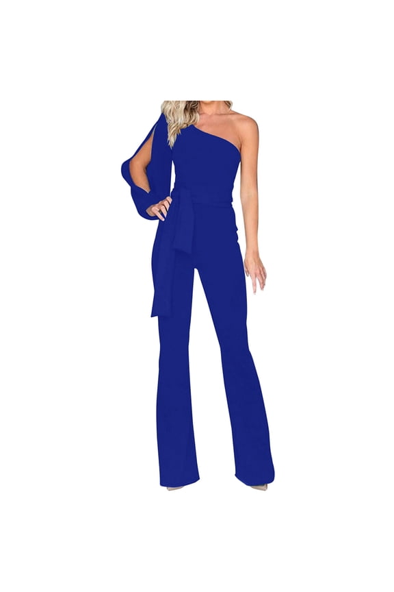 Rompers for Women Dressy off Shoulder Belt Slim Fitting Long Sleeve Comfy Flare Pants Jumpsuits