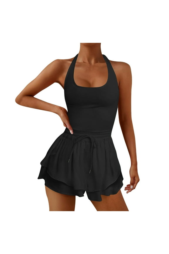 Running Rompers for Women Round Neck Sleeveless Drawstring Elastic Waisted Ruffle Shorts Jumpsuits