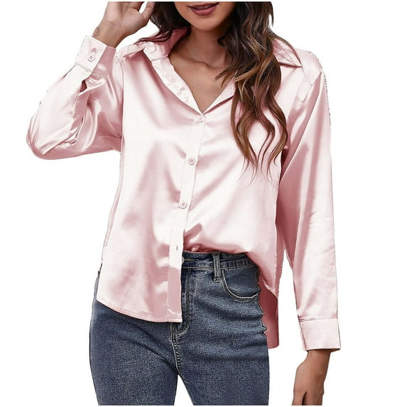 aidice Satin Shirts for Women Casual Lapel Neck Button up Long Sleeve Loose Office Solid Color Tops