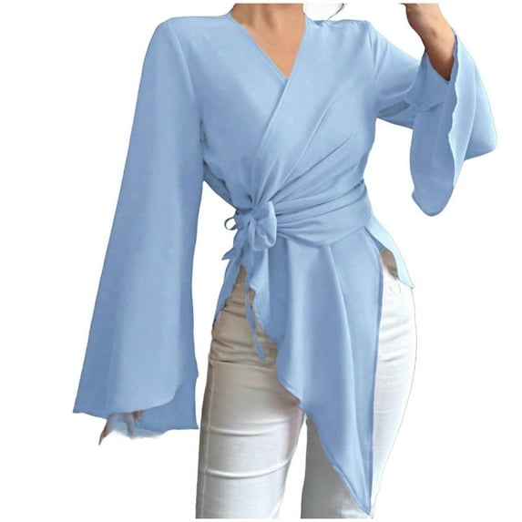 aidice Satin Tops for Women Casual Crisscross V Neck Long Sleeve Belt Ruched Irregularly Trendy Shirts