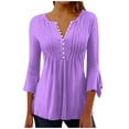thumbnail image 1 of aidice Shirts for Women Casual Button Notched V Neck 3/4 Ruffle Sleeve Tunic Ruched Comfy Tshirts, 1 of 5