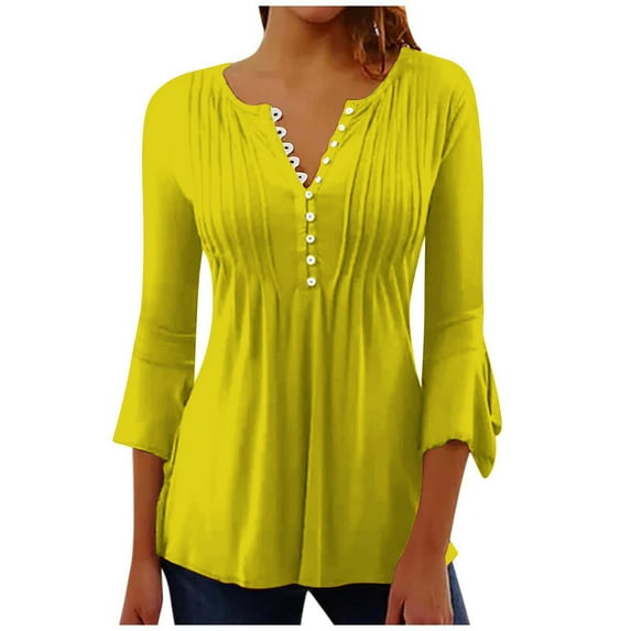 aidice Shirts for Women Casual Button Notched V Neck 3/4 Ruffle Sleeve Tunic Ruched Comfy Tshirts