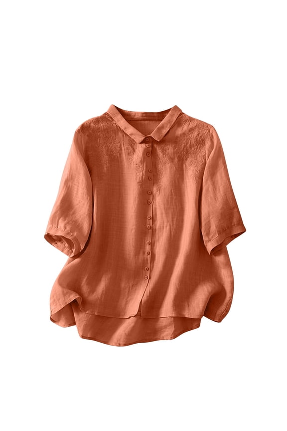 Shirts for Women Casual Lapel Neck 3/4 Sleeve Button up Tshirts Loose Embroidery Blouses Tops