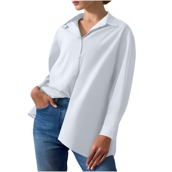 aidice Shirts for Women Casual Lapel Neck Long Sleeve Button up Loose Solid Color Office Work Tops