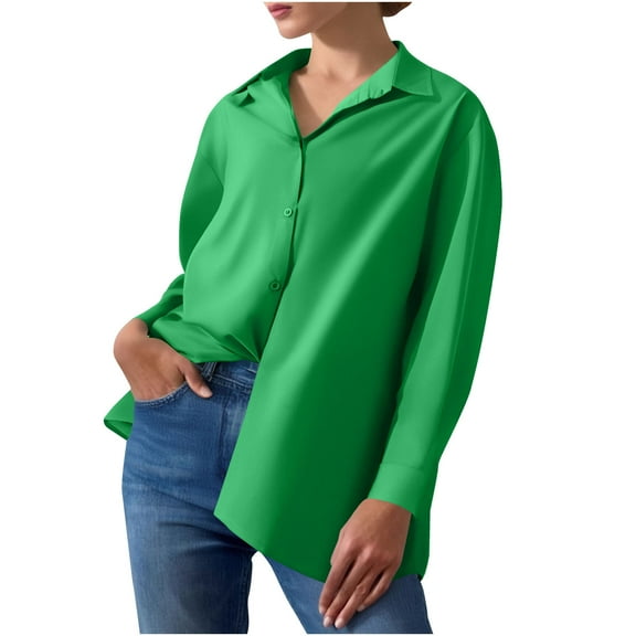 aidice Shirts for Women Casual Lapel Neck Long Sleeve Button up Loose Solid Color Office Work Tops