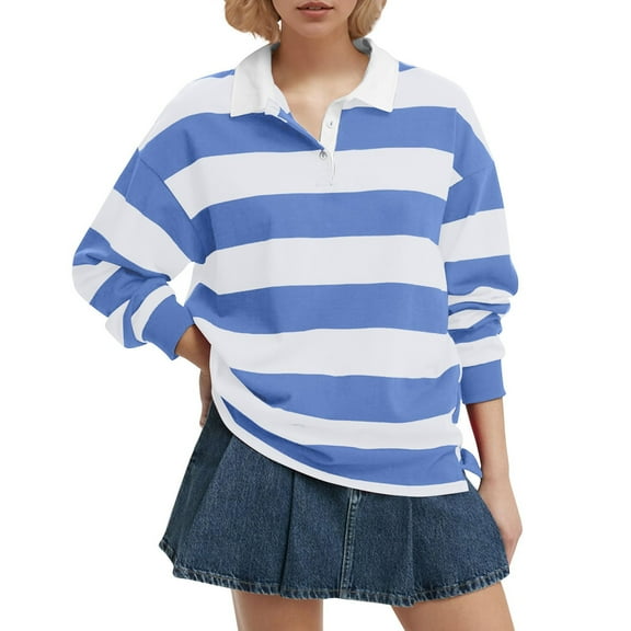 aidice Shirts for Women Casual Lapel Neck Long Sleeve Tshirts Button Striped Loose Comfy Pullover Tops