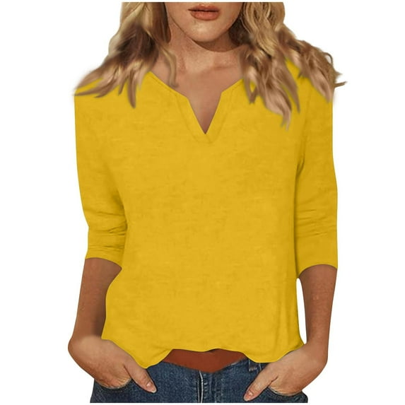 aidice Shirts for Women Casual Notched V Neck 3/4 Length Sleeve Tops Comfy Fitting Solid Color Tee Shirts