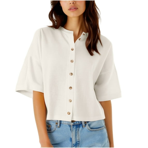 aidice Shirts for Women Casual Round Neck 1/2 Sleeve Button up Loose Blouses Solid Color Summer Tops