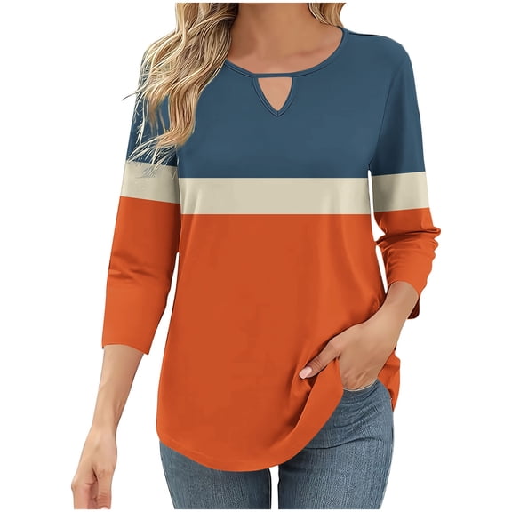 aidice Shirts for Women Casual Round Neck 3/4 Sleeve Keyhole Fitting Comfy Color Block Fashion T Shirts
