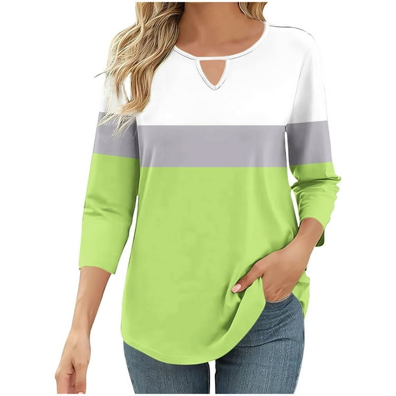 aidice Shirts for Women Casual Round Neck 3/4 Sleeve Keyhole Fitting Comfy Color Block Fashion T Shirts