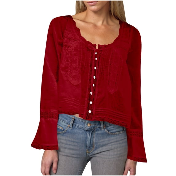 aidice Shirts for Women Casual Round Neck Long Sleeve Drawstring Button up Fitting Trendy Crop Tops