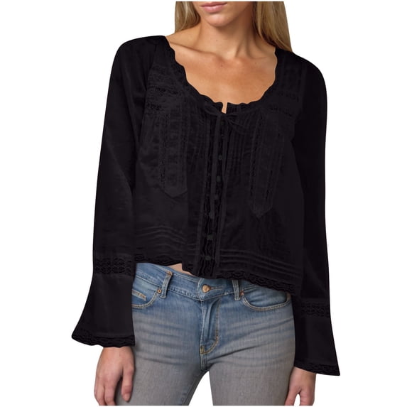 aidice Shirts for Women Casual Round Neck Long Sleeve Drawstring Button up Fitting Trendy Crop Tops
