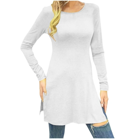 aidice Shirts for Women Casual Round Neck Long Sleeve Fitting Tunic Comfy Side Split Solid Color Tops