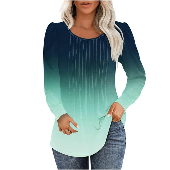 aidice Shirts for Women Casual Round Neck Long Sleeve Ruched Tunic Tops Fitting Gradient Color Tshirts