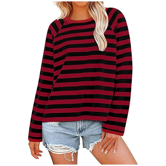 aidice Shirts for Women Casual Round Neck Long Sleeve Striped Loose Shirts Comfy Oversize Fall Blouses