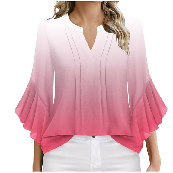 aidice Shirts for Women Casual Ruffle 3/4 Sleeve Notched V Neck Ruched Loose Gradient Color Tee Shirts