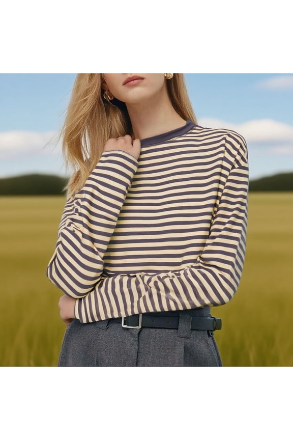 Shirts for Women Crewneck Long Sleeve Loose Casual Comfy Striped Undershirts Fall Pullover Tops