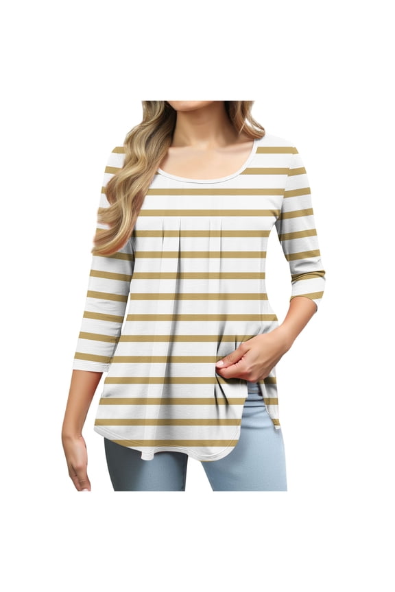 Shirts for Women Round Neck 3/4 Sleeve Ruched Striped Casual Comfy Fitting Curved Hem T Shirts