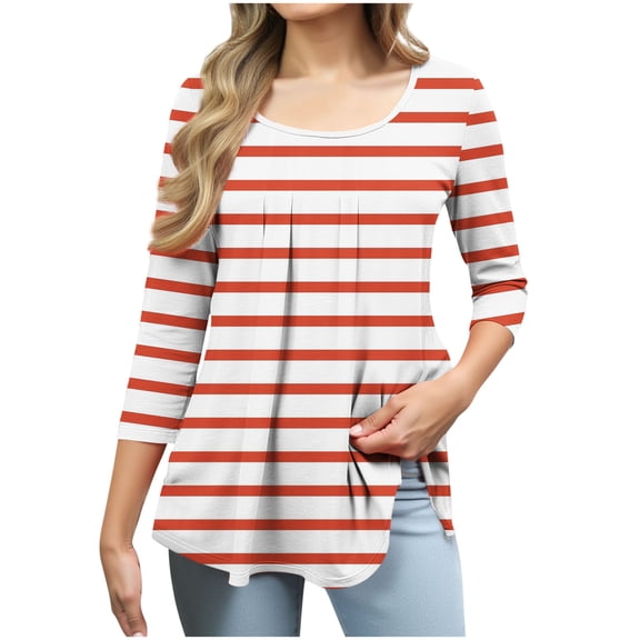 aidice Shirts for Women Round Neck 3/4 Sleeve Ruched Striped Casual Comfy Fitting Curved Hem T Shirts