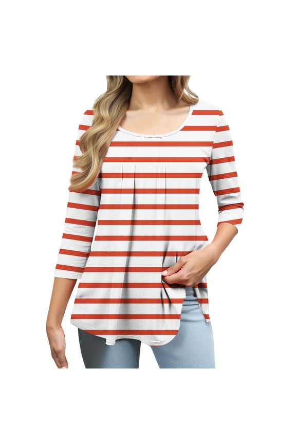 Shirts for Women Round Neck 3/4 Sleeve Ruched Striped Casual Comfy Fitting Curved Hem T Shirts