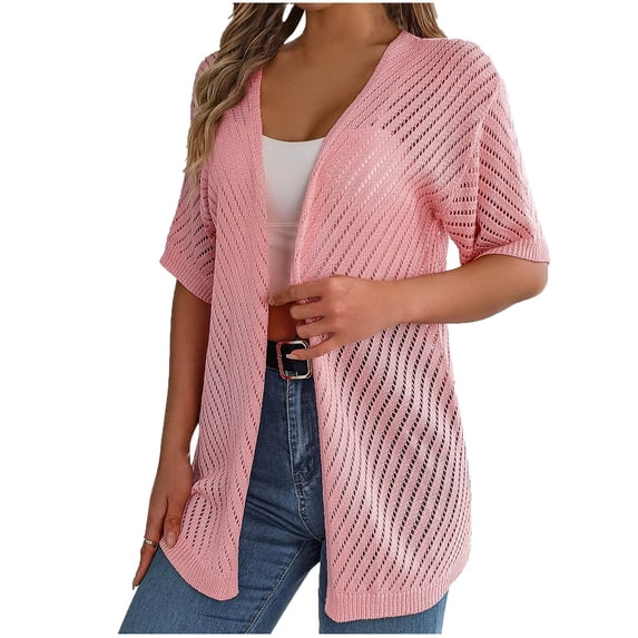 aidice Summer Cardigans for Women Lightweight Casual Open Front 1/2 Sleeve Hollow out Long Cardigans