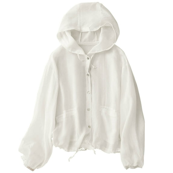 aidice Summer Cardigans for Women Lightweight Cotton Linen Drawstring Hooded Button up Loose Outerwear
