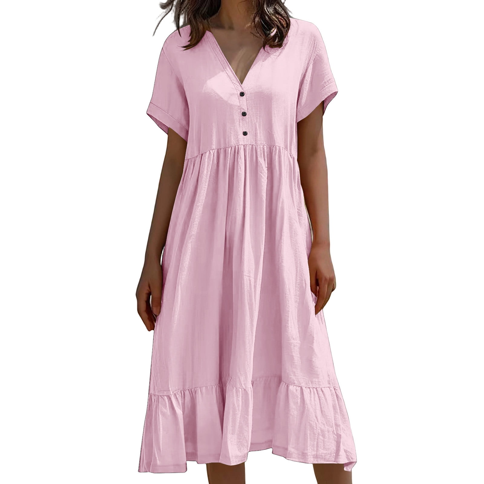aidice Summer Dresses for Women Button V Neck Flowy Ruffle Short Sleeve ...