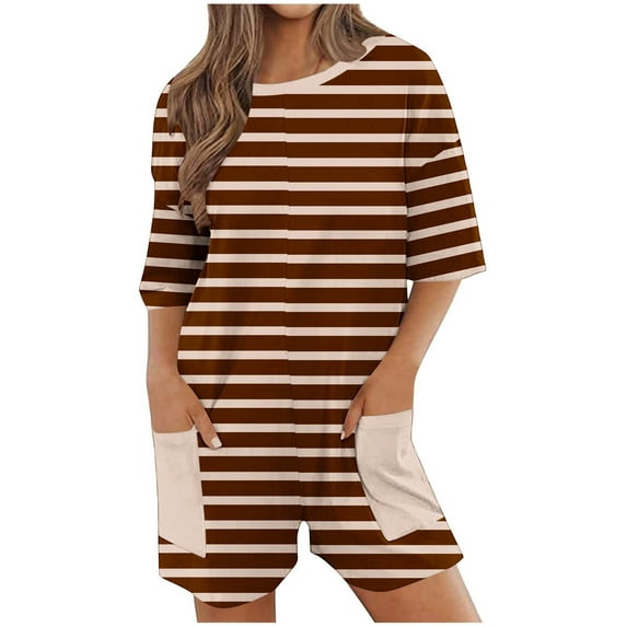aidice Summer Jumpsuits for Women Casual Crewneck Short Sleeve Comfy Striped Homewear Shorts Rompers