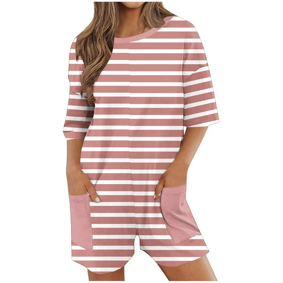 aidice Summer Jumpsuits for Women Casual Crewneck Short Sleeve Comfy Striped Homewear Shorts Rompers