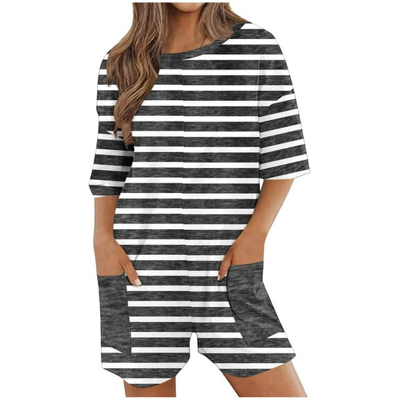 aidice Summer Jumpsuits for Women Casual Crewneck Short Sleeve Comfy Striped Homewear Shorts Rompers