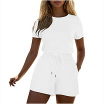 aidice Summer Jumpsuits for Women Casual Crewneck Short Sleeve Drawstring Elastic Waisted Shorts Rompers