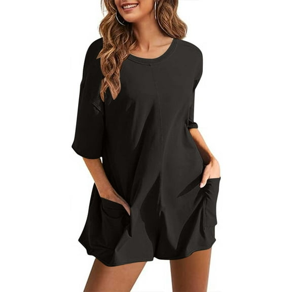 aidice Summer Jumpsuits for Women Casual Round Neck 1/2 Sleeve Comfy Loose Oversized Shorts Rompers