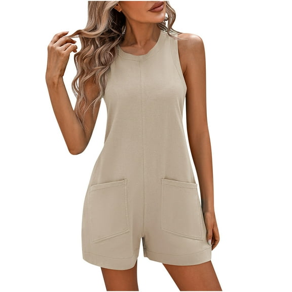 aidice Summer Jumpsuits for Women Casual Round Neck Sleeveless Comfy Loose Solid Color Shorts Rompers