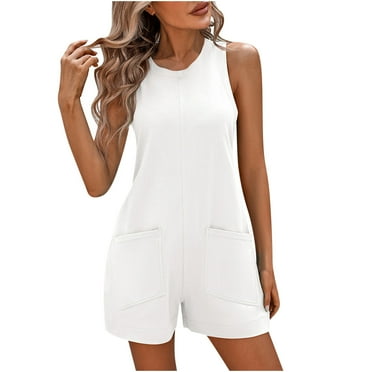 aidice Summer Jumpsuits for Women Casual Round Neck Sleeveless Comfy Loose Solid Color Shorts Rompers